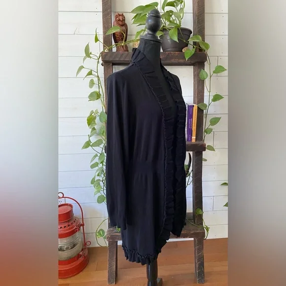 Valerie Steven’s: Elegant Black Open-Front Cardigan Sweater with Ruffle Trim - Picture 8 of 17